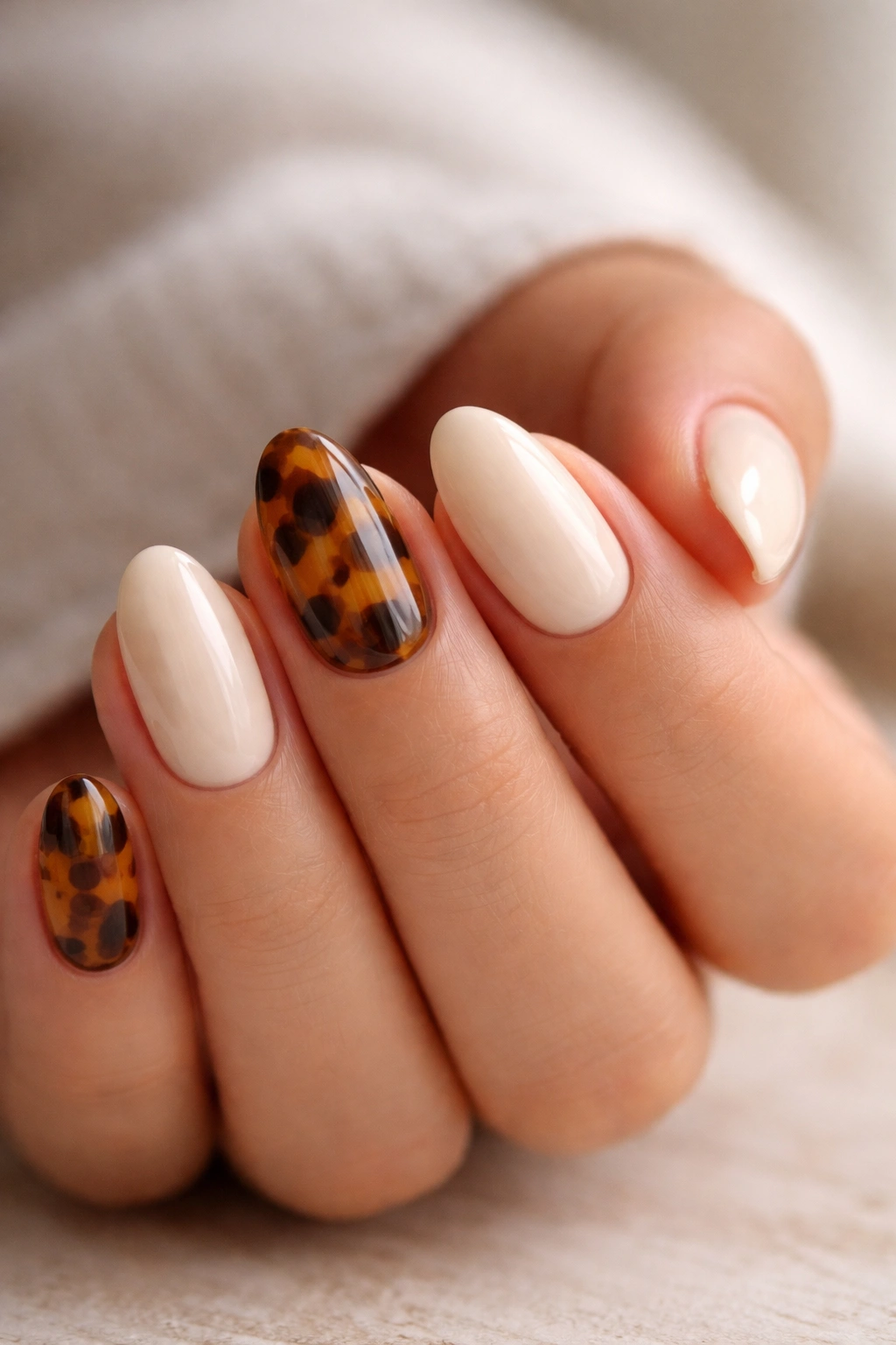 Close-up of short almond nails with brown tortoiseshell accents on two nails and cream solids