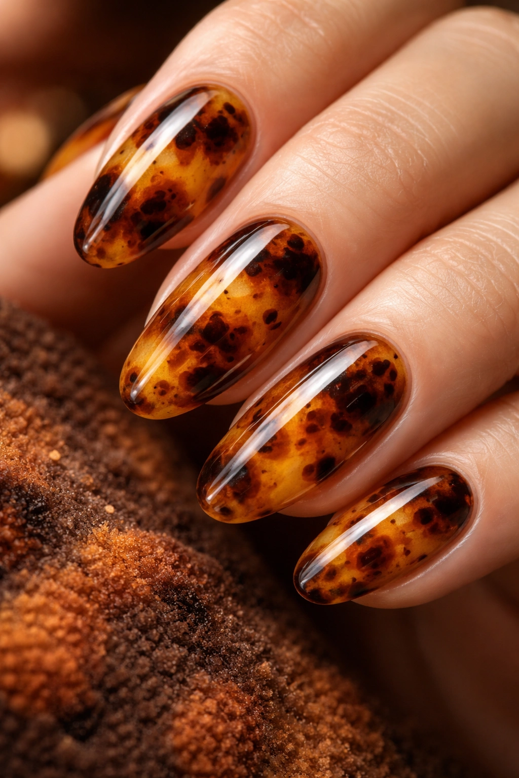 Close-up of tortoiseshell-pattern nails with amber, brown, and black spots