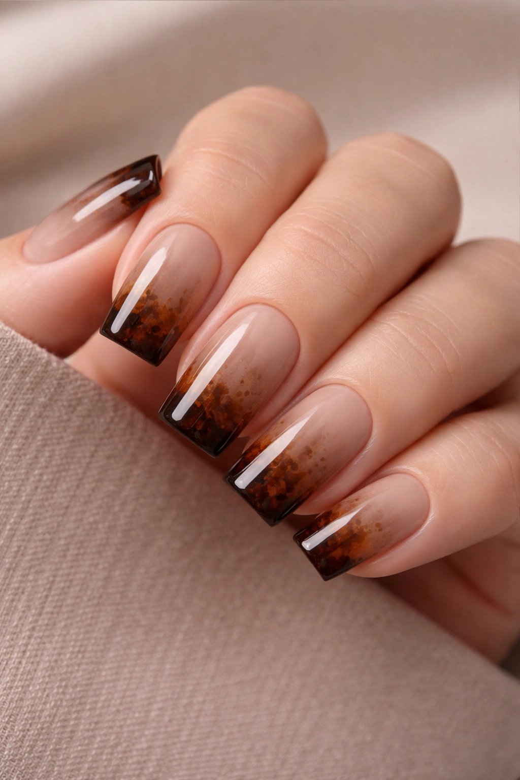 Close-up of brown ombré tortoiseshell nails