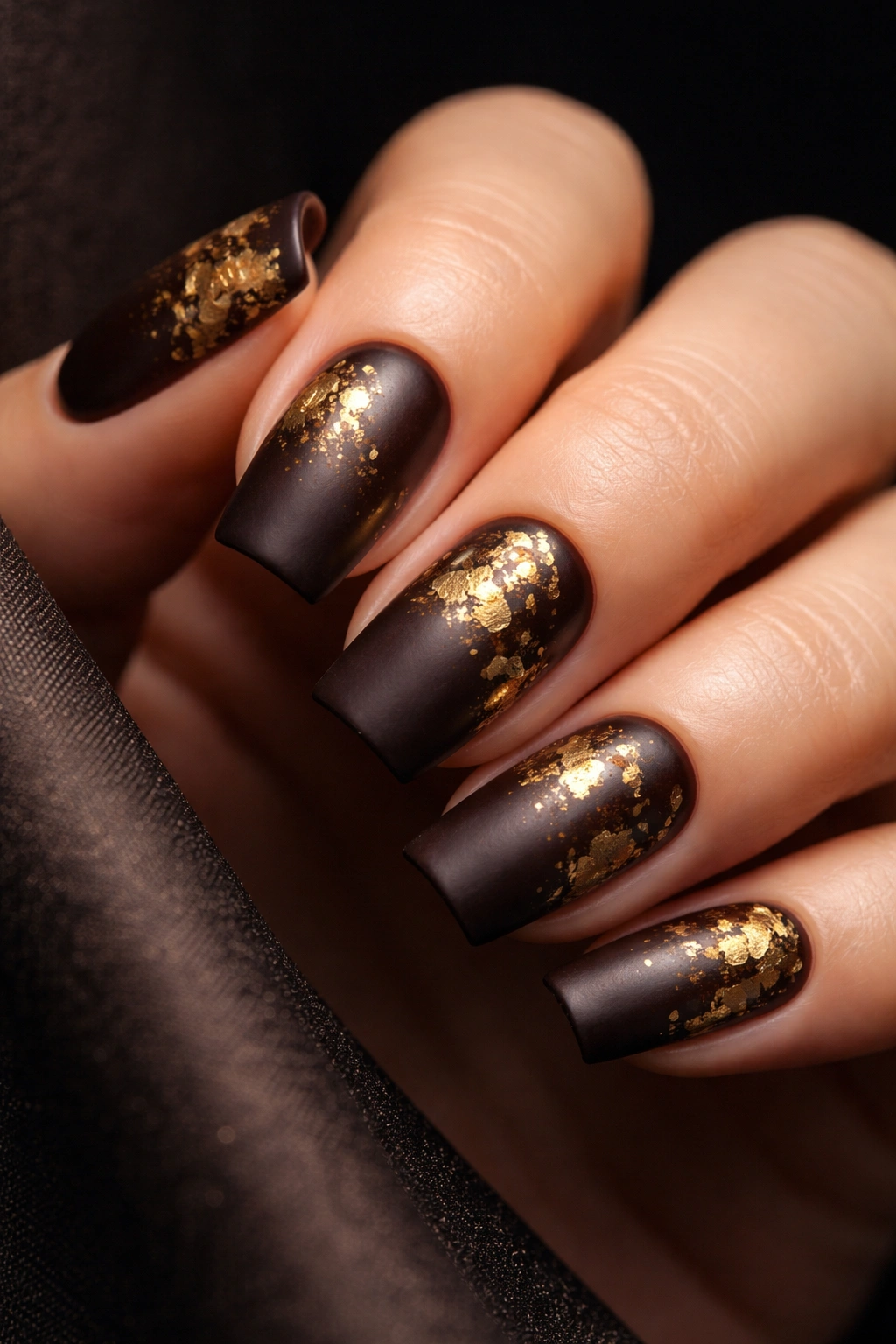 Close-up of deep espresso tortoiseshell nails with gold leaf accents