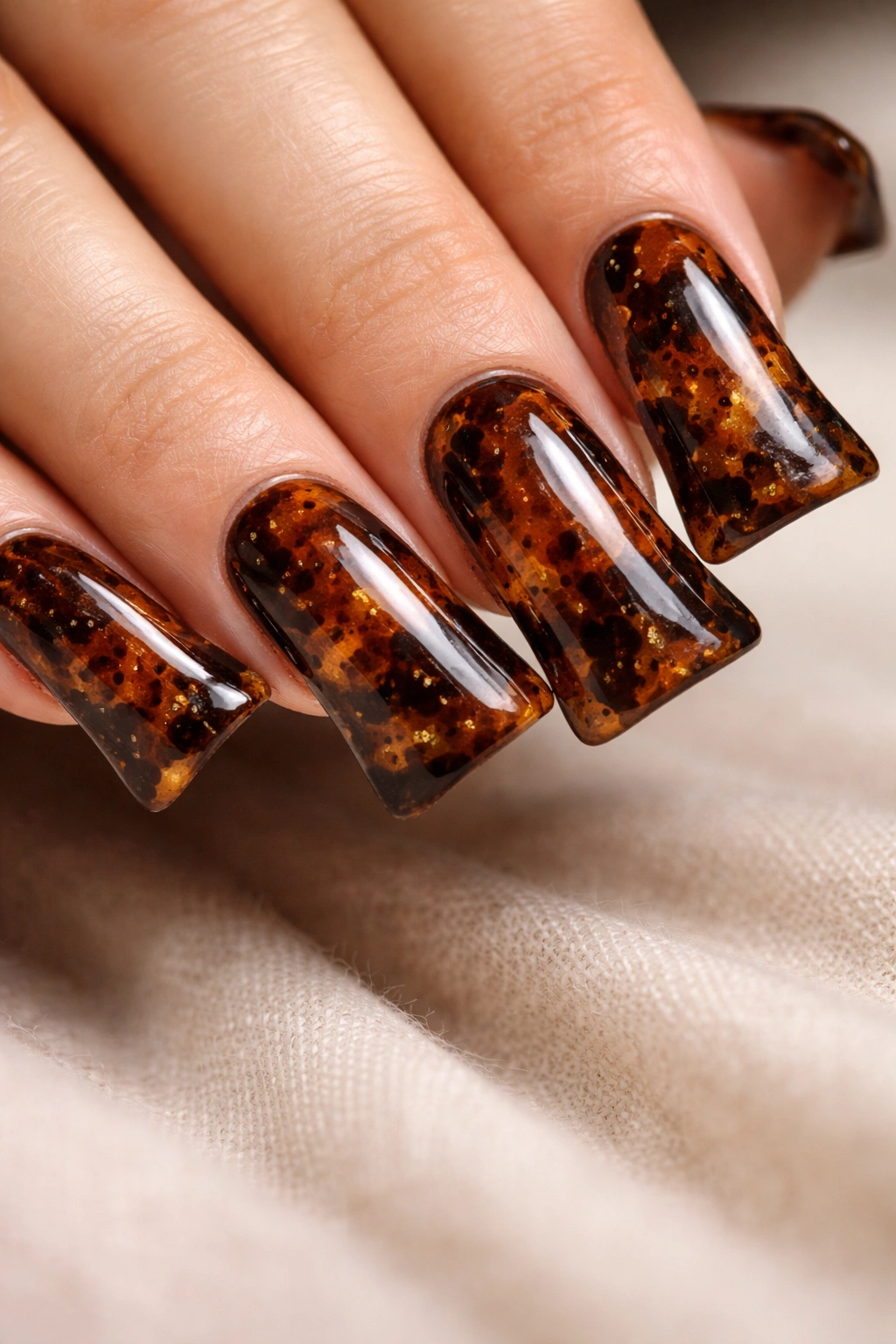 Close-up of tortoiseshell brown nails with gold flecks