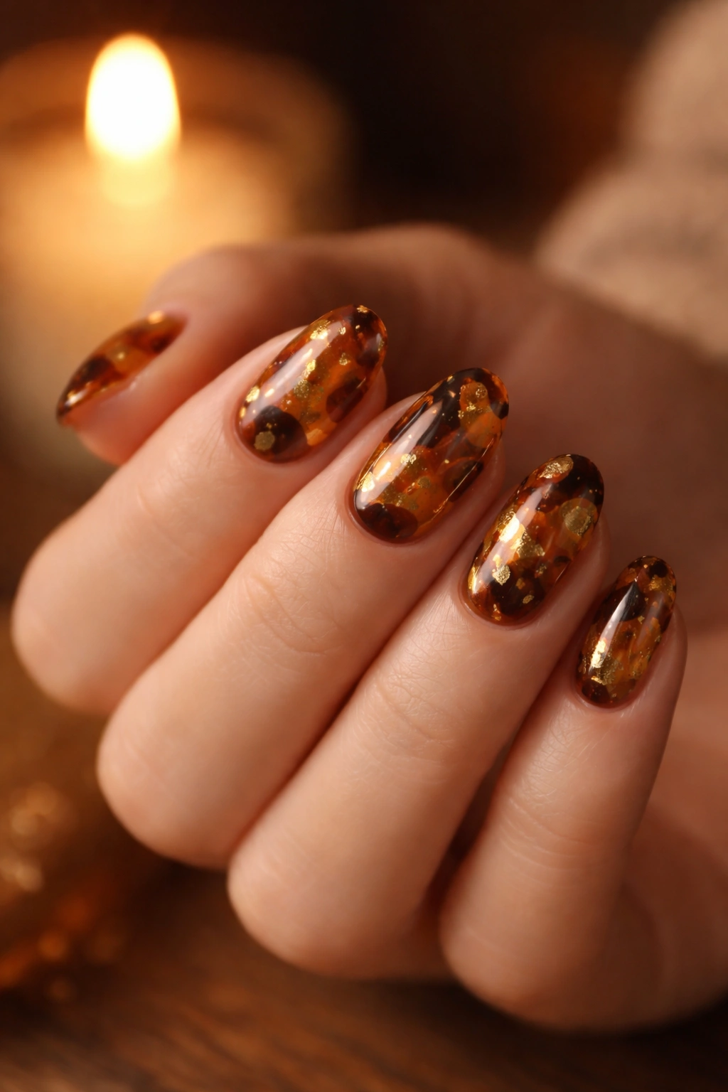 Amber tortoiseshell nails with subtle gold foil accents on short almond nails