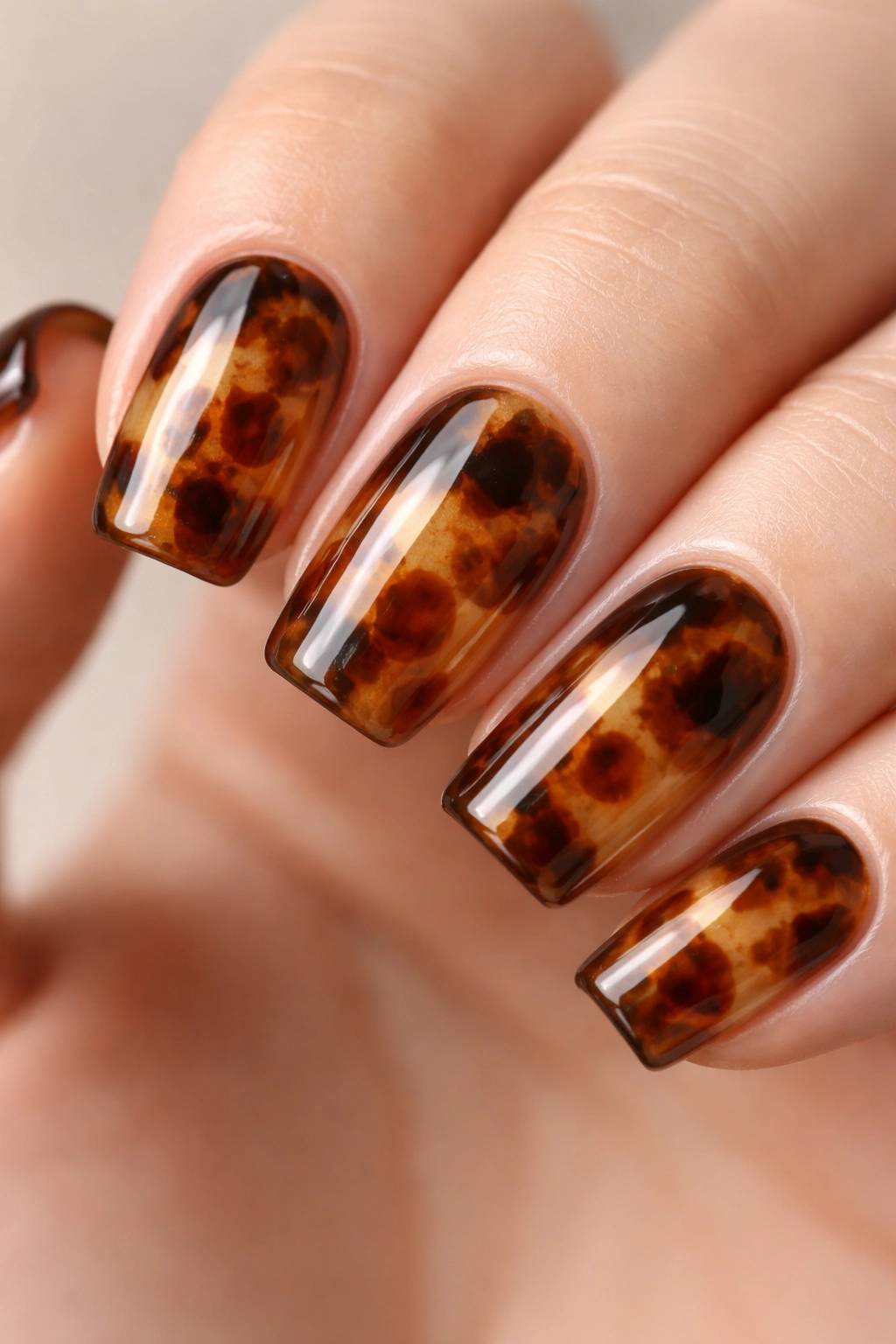 Close-up of short coffin nails in tortoiseshell pattern with high-gloss finish