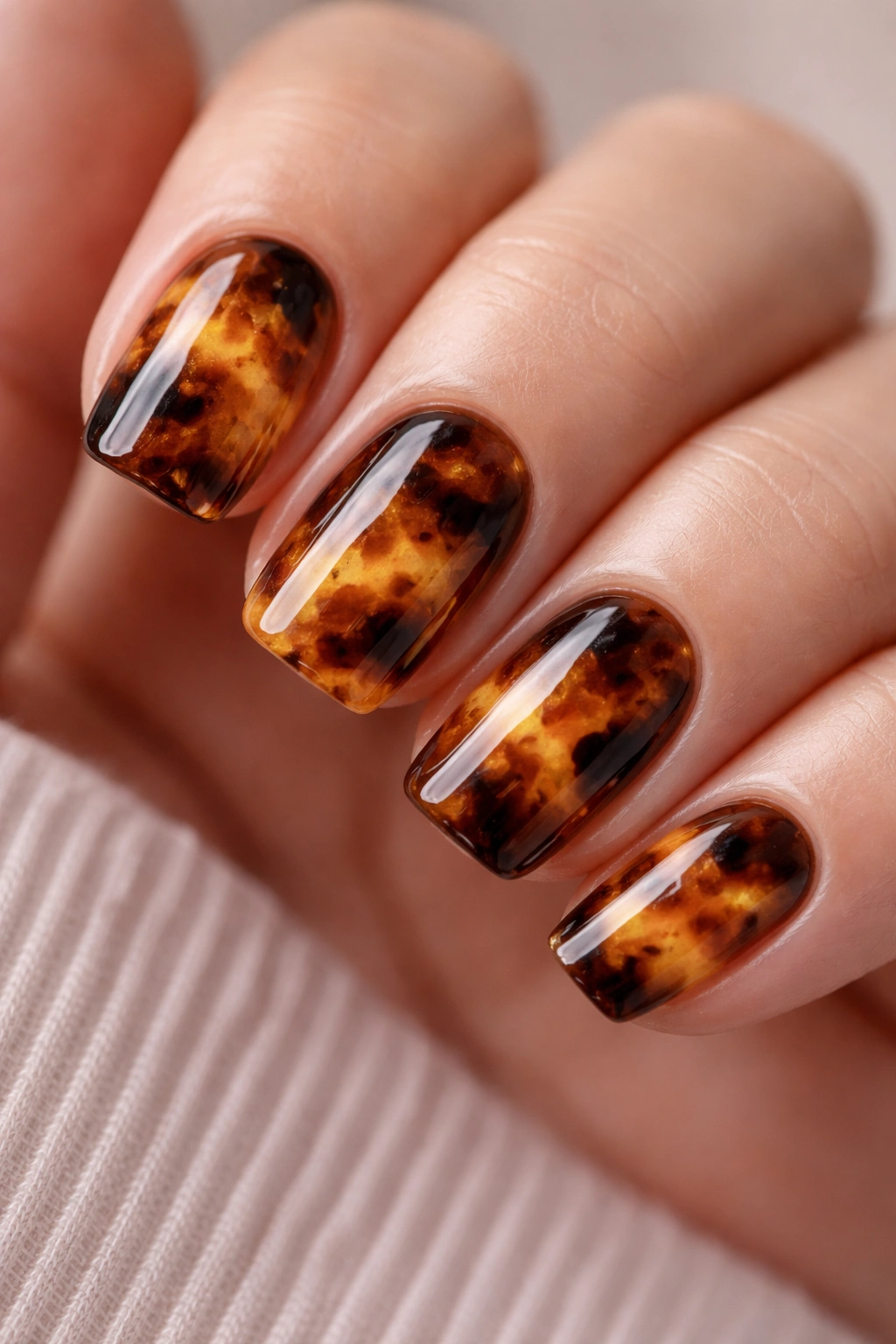 Close-up of short acrylic nails with tortoiseshell marbling in amber and brown tones