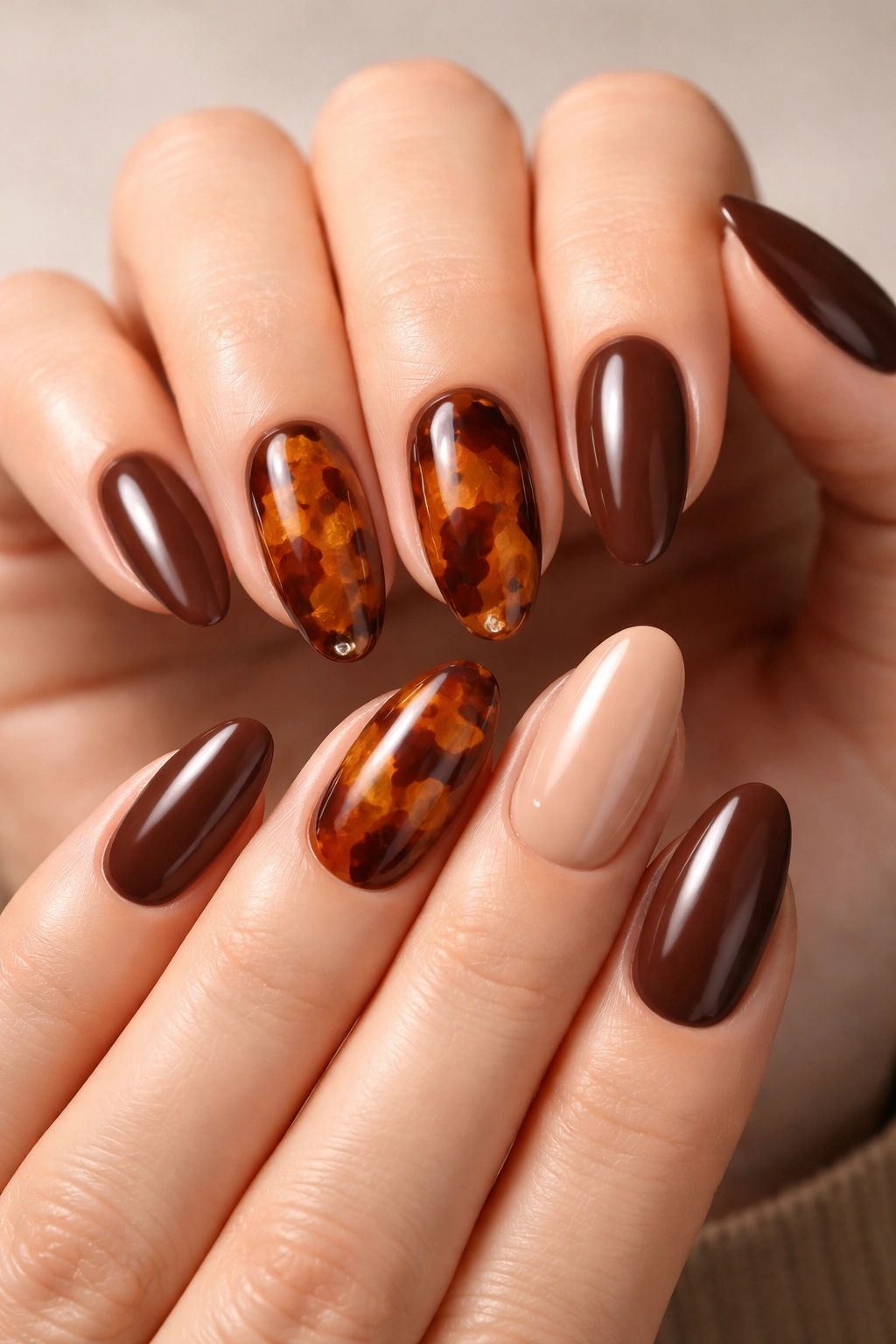 Tortoiseshell accented nails with amber and chocolate swirls