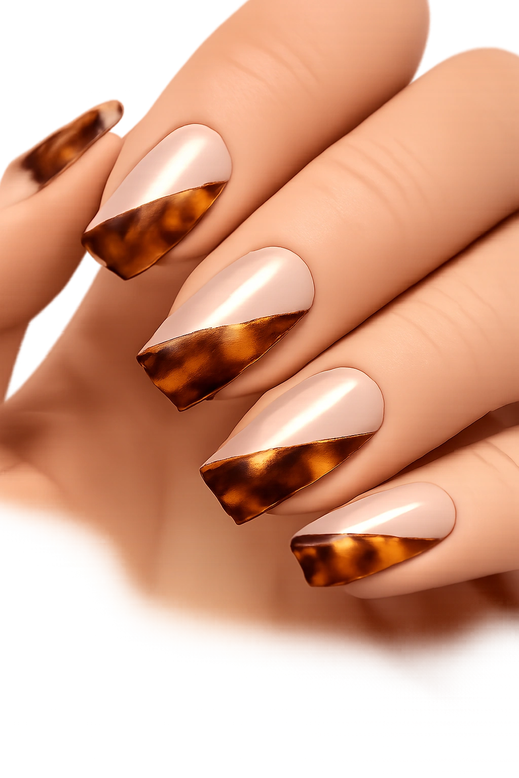 Close-up of minimalist tortoiseshell nails with negative space