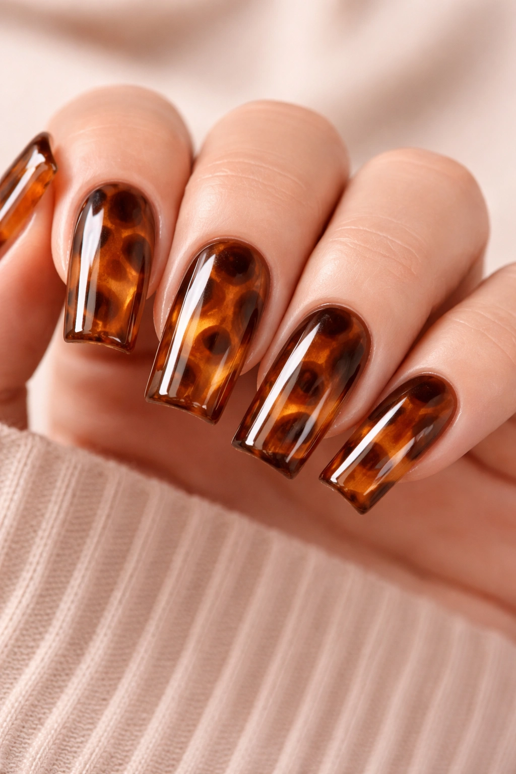 Close-up of square nails with tortoiseshell pattern in warm browns and gold