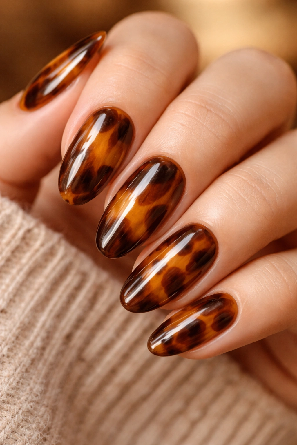 Close-up of tortoiseshell patterned nails