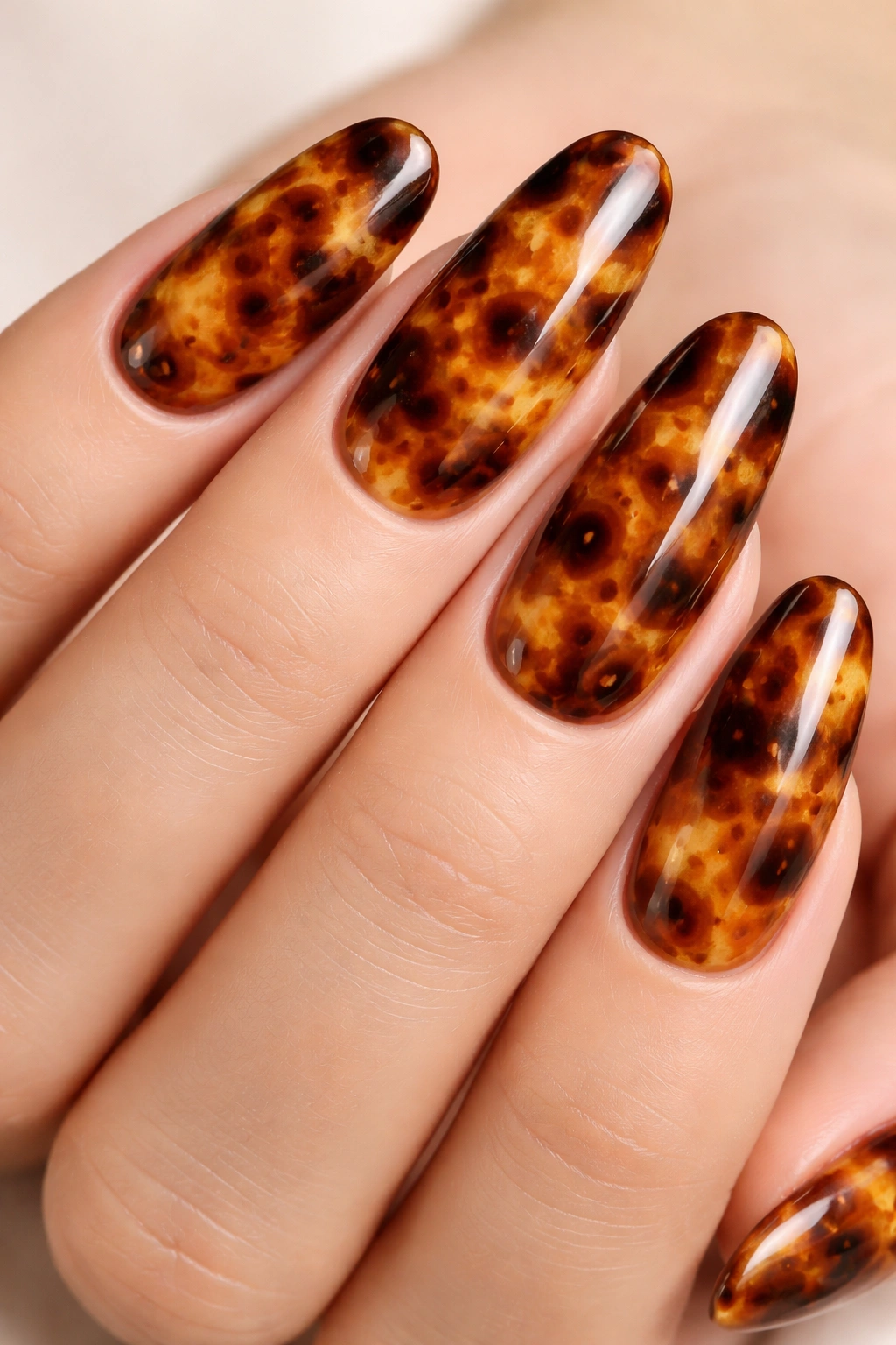 Close-up of long oval nails with tortoiseshell pattern in warm browns and golds