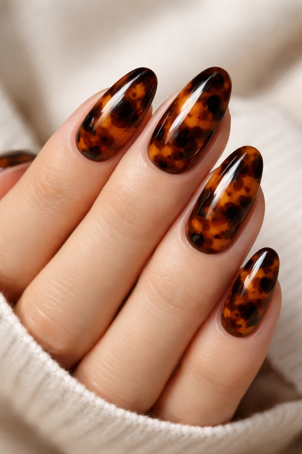 Nails with tortoiseshell pattern in amber, brown, black tones