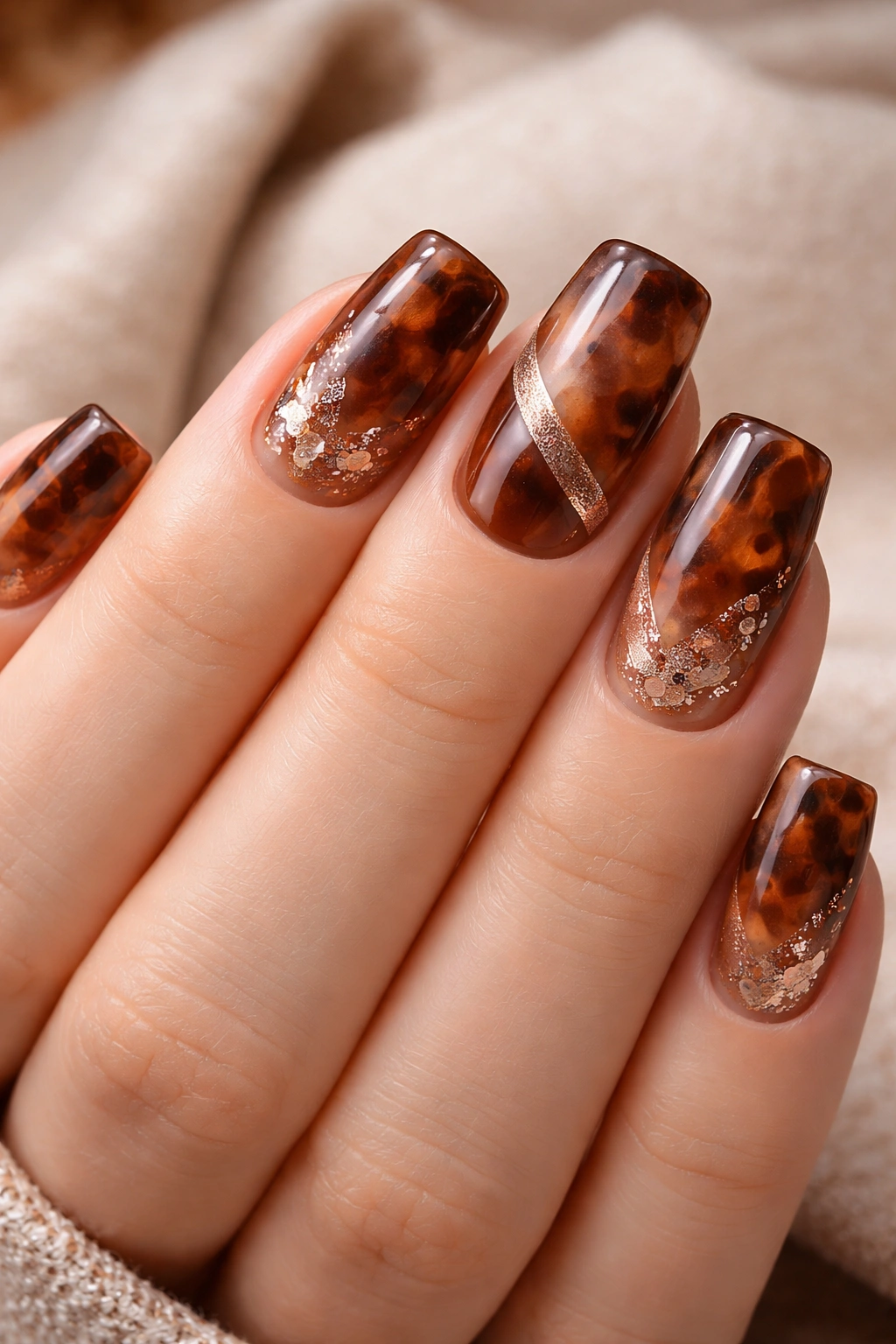 Close-up of soft brown tortoiseshell nails with rose gold accents