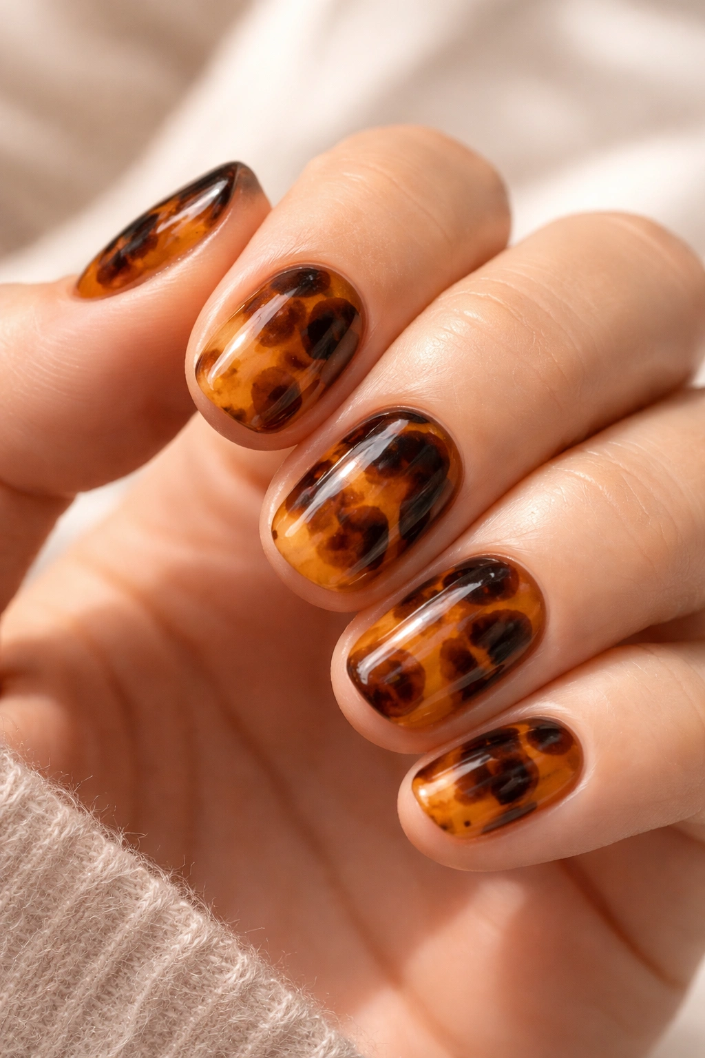 Tortoiseshell nails with amber and black marbling on short nails