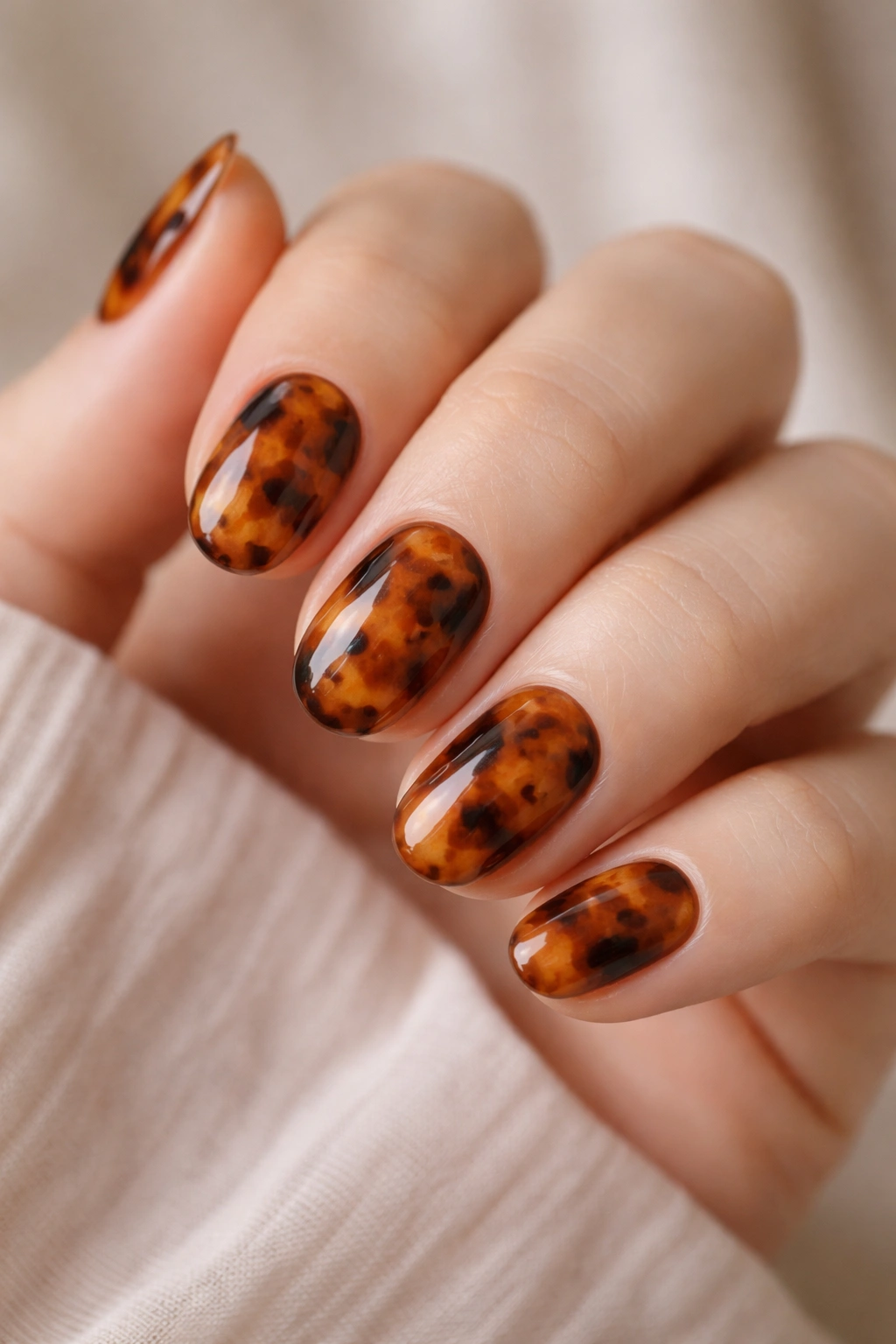Close-up of tortoiseshell-patterned nails on short oval shape
