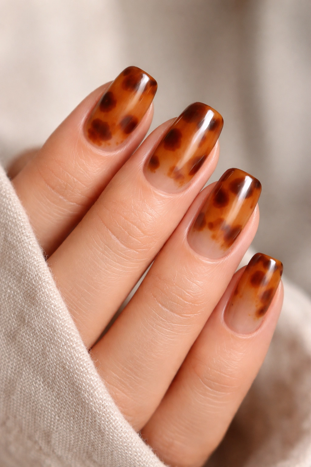 Close-up of square oval nails with soft tortoiseshell pattern