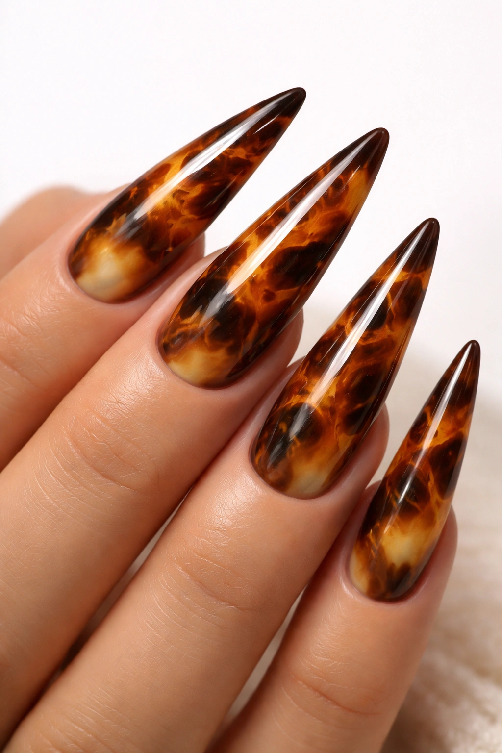 Close-up of tortoiseshell-patterned stiletto nails on a hand