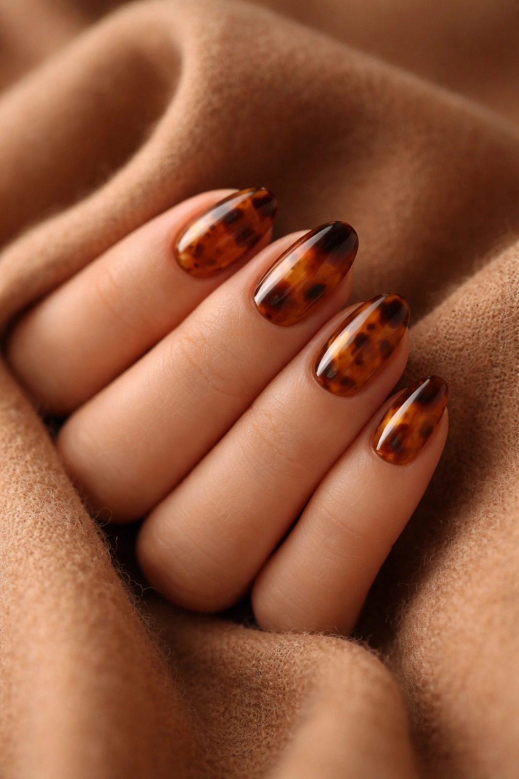 Close-up of short tortoiseshell almond nails on warm fabric background