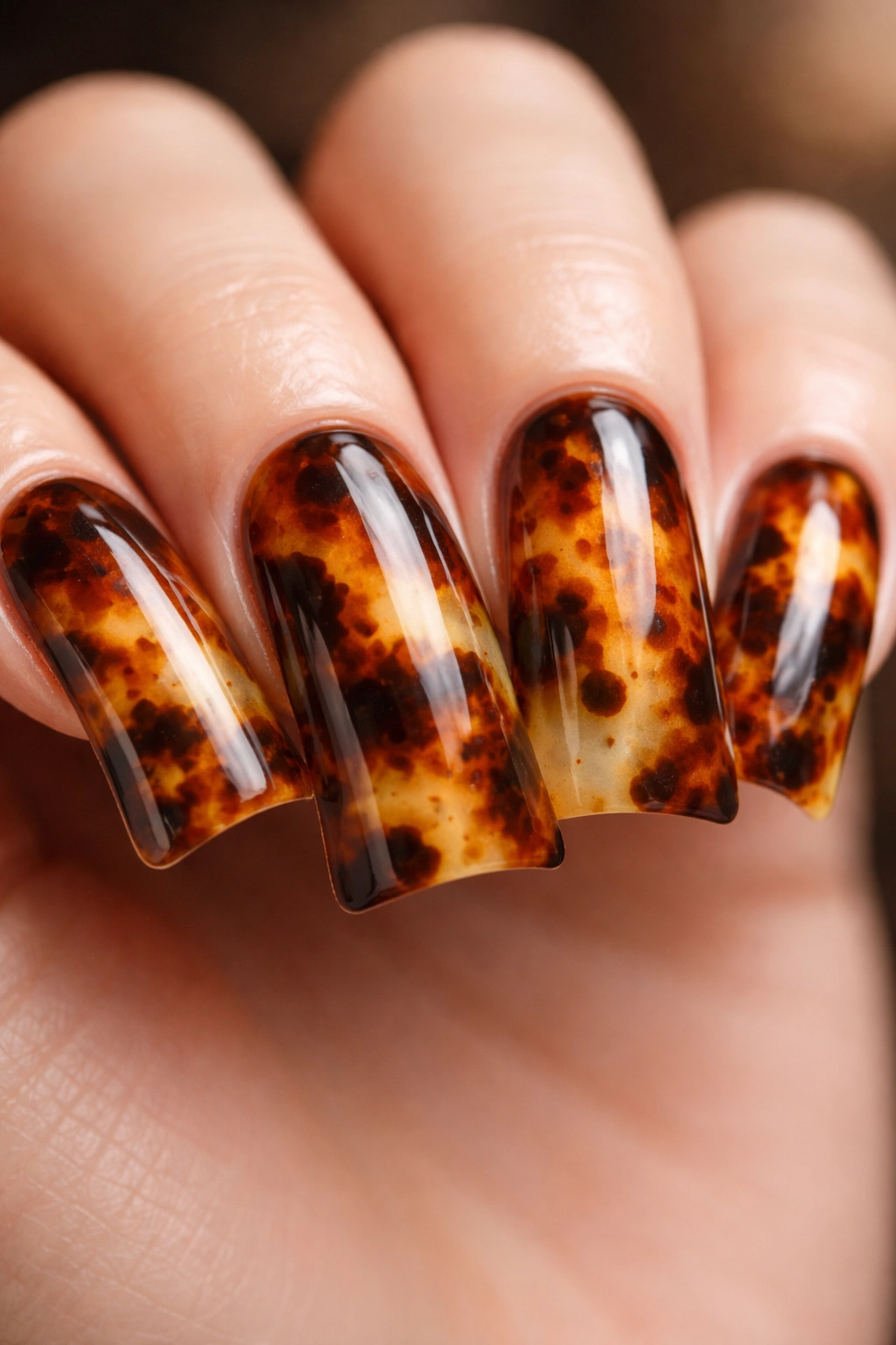 Duck nail with warm tortoiseshell pattern in oranges browns yellows
