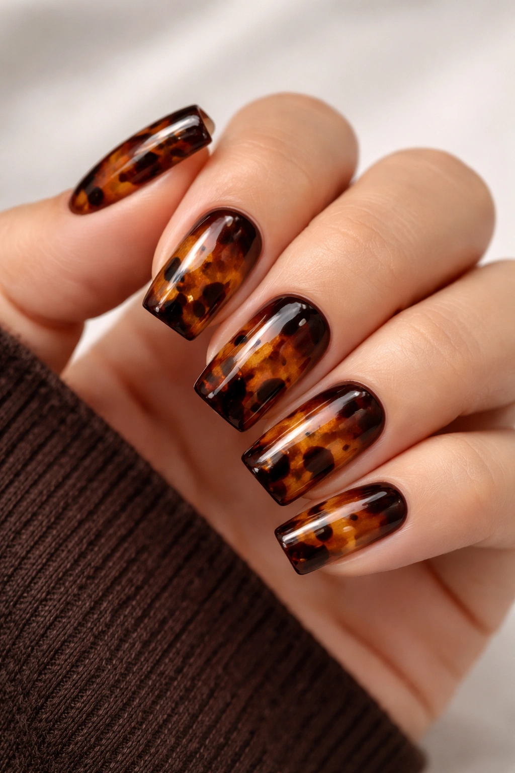 Close-up of warm honey and chocolate tortoiseshell soft square nails