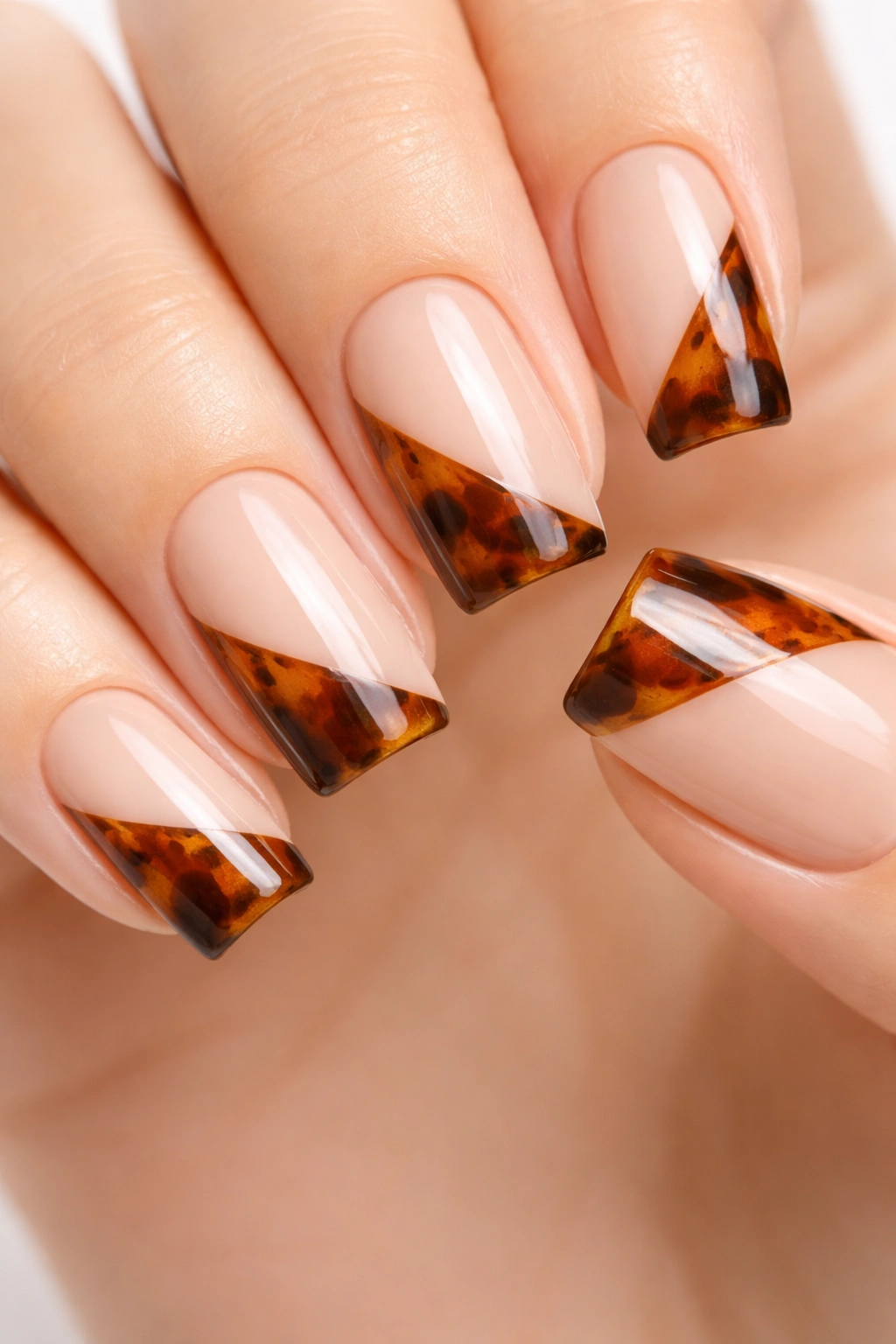 Nude-based nails with geometric tortoiseshell accents.