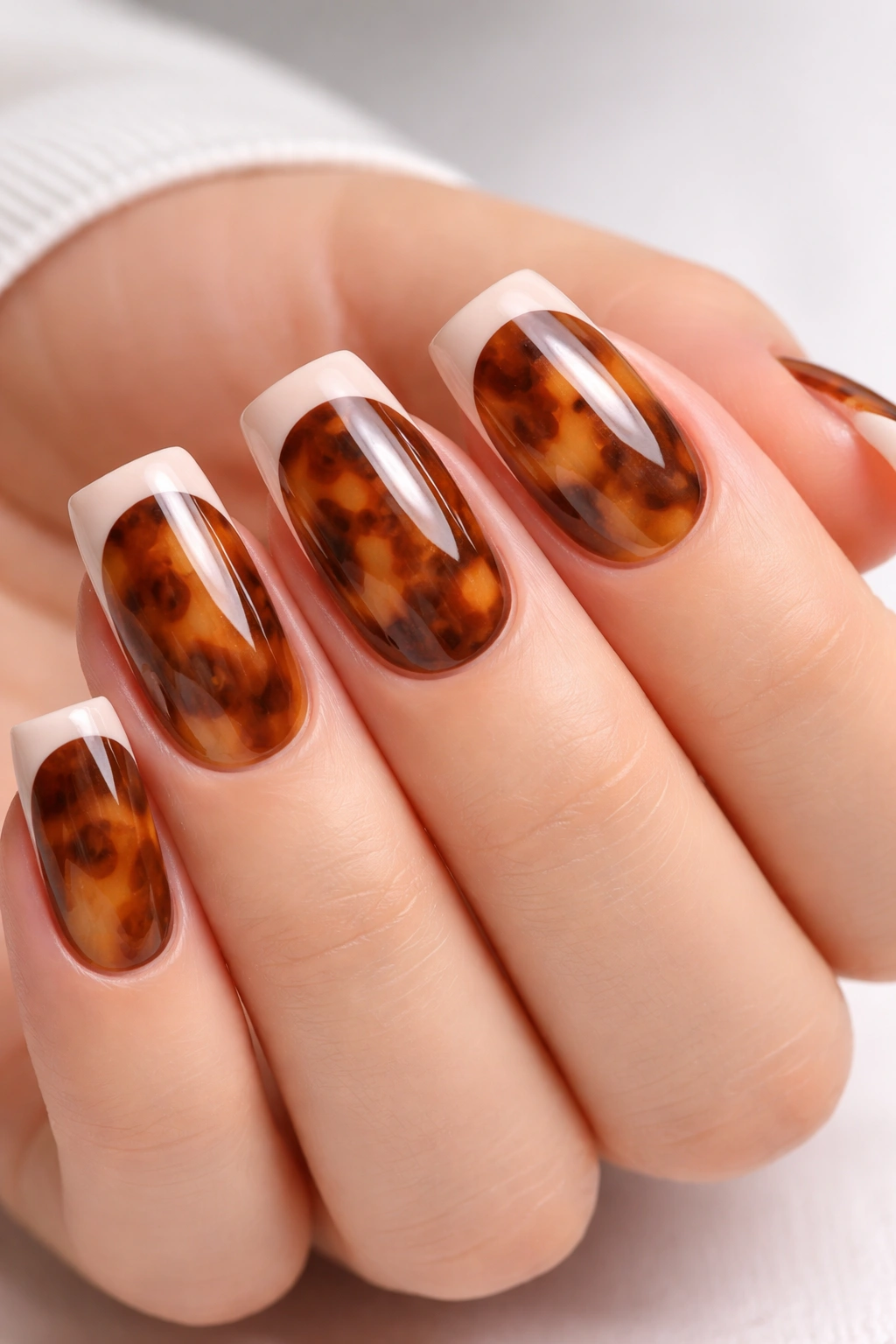 Nude French nails with tortoiseshell bed and nude tip line.