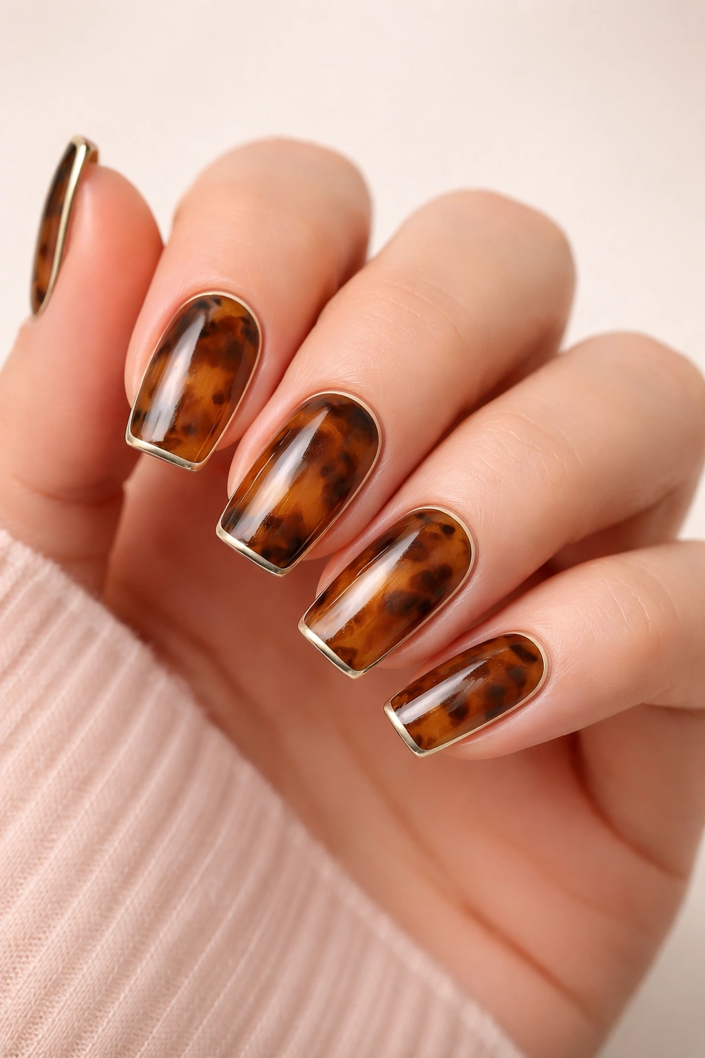 Close-up of tortoiseshell nails with a thin metallic outline along the edges