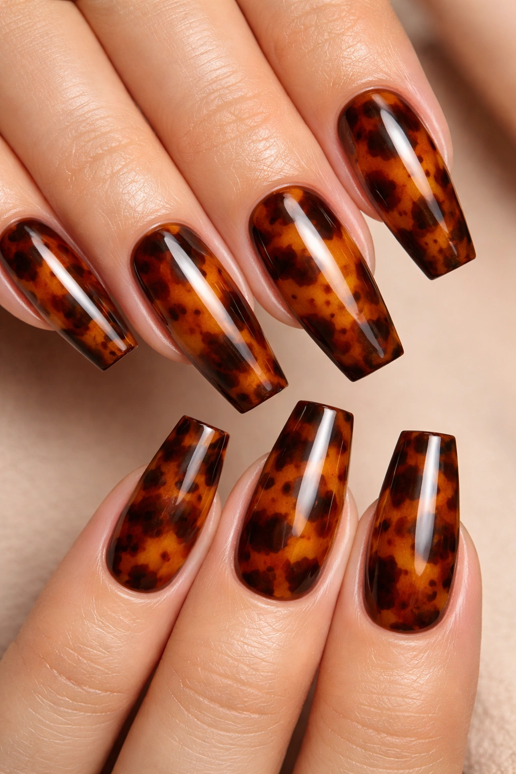 Coffin nails with tortoiseshell pattern in amber, brown, and black