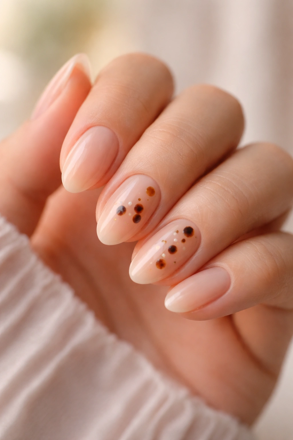Close-up of nude almond nails with micro tortoiseshell spots
