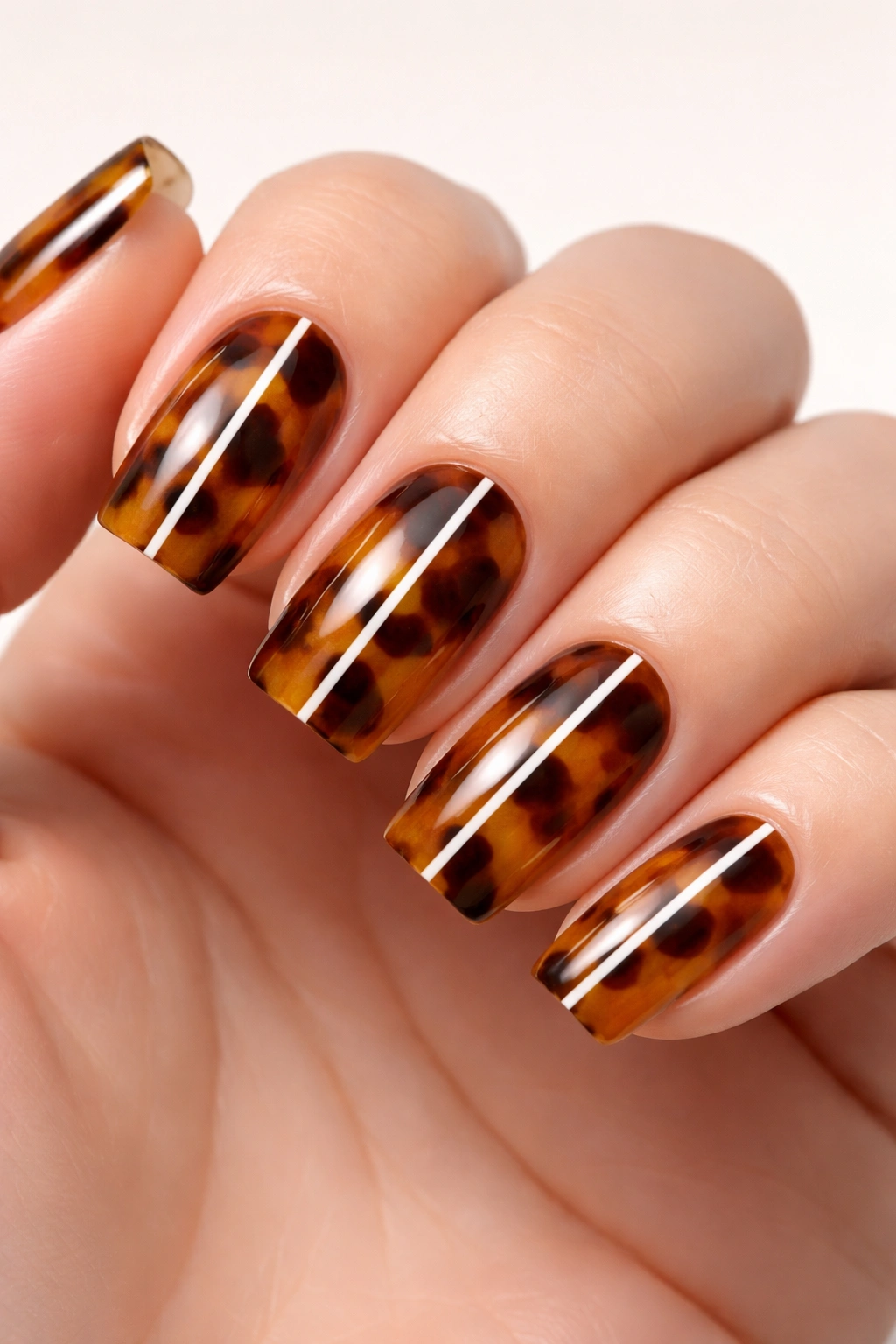 Close-up of tortoiseshell nails with a minimalist white line on each nail.