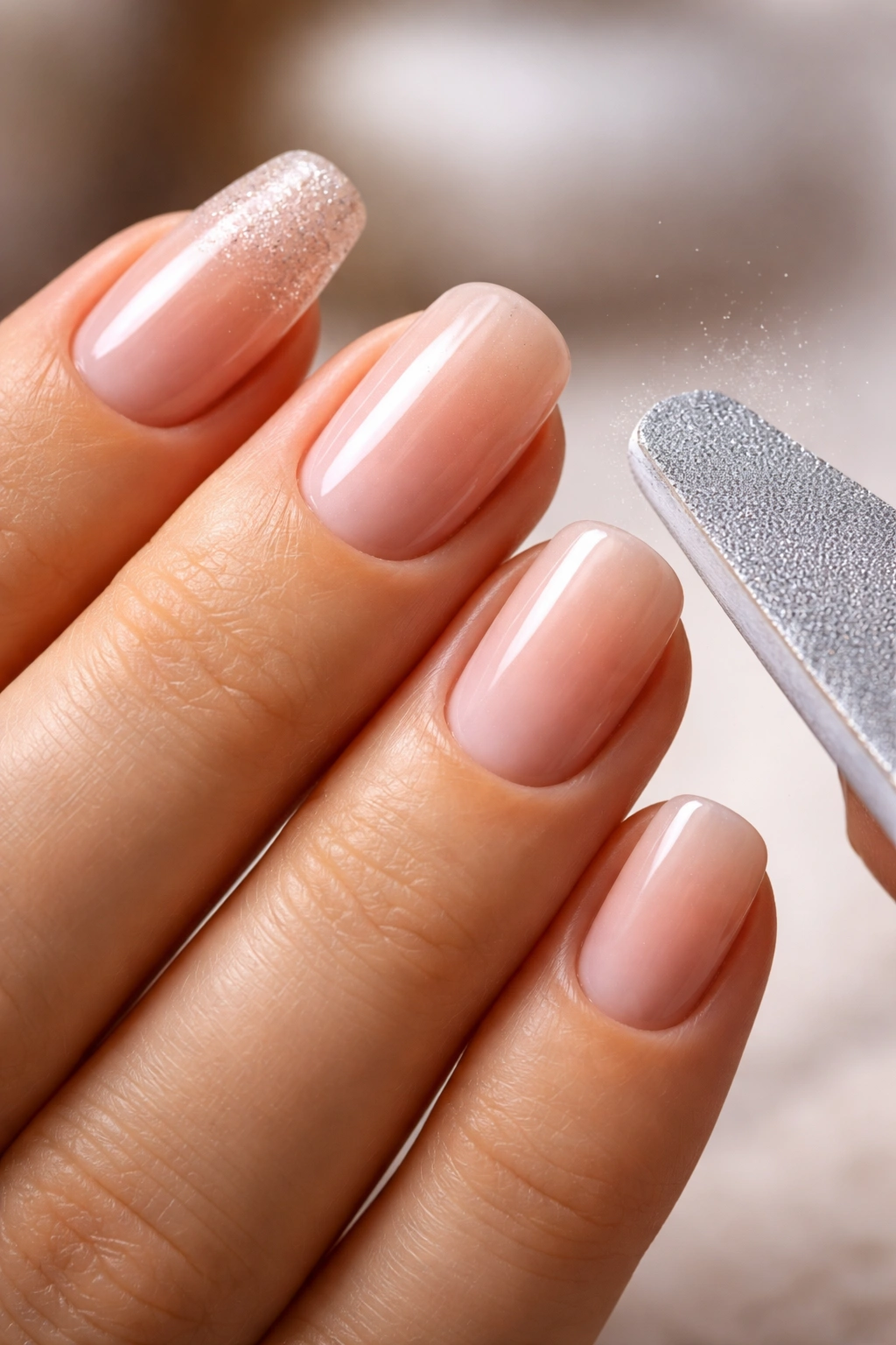 Close-up of a hand with short squoval nails being shaped with a nail file
