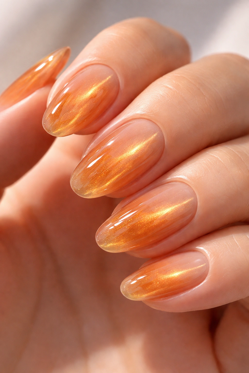 Nails with translucent amber jelly and subtle cat eye shimmer in close-up
