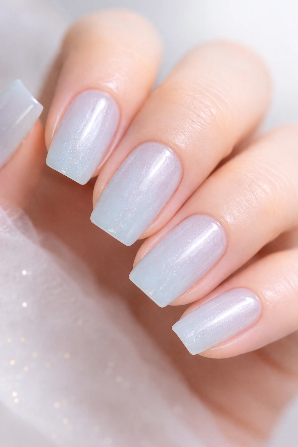 Translucent baby blue nails with subtle shimmer showing nail bed through.