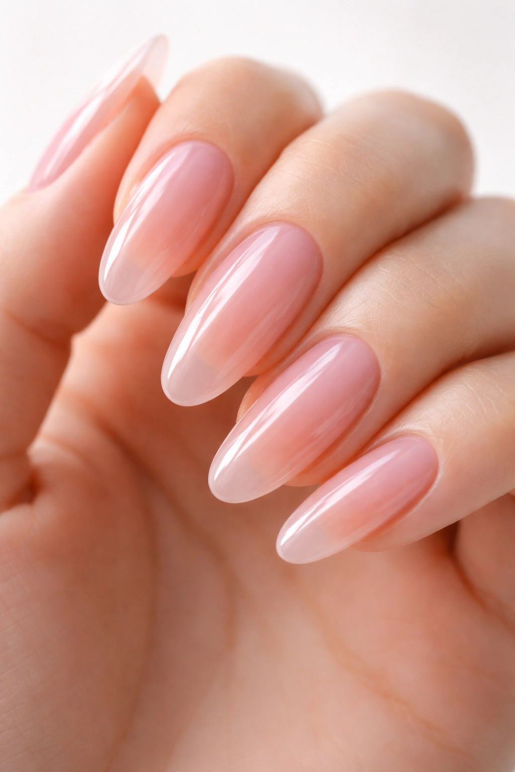 Tapered oval nails with translucent blush jelly polish