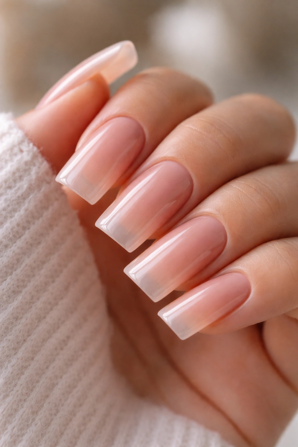 Close-up of nails with translucent blush or peach tint across the nails.