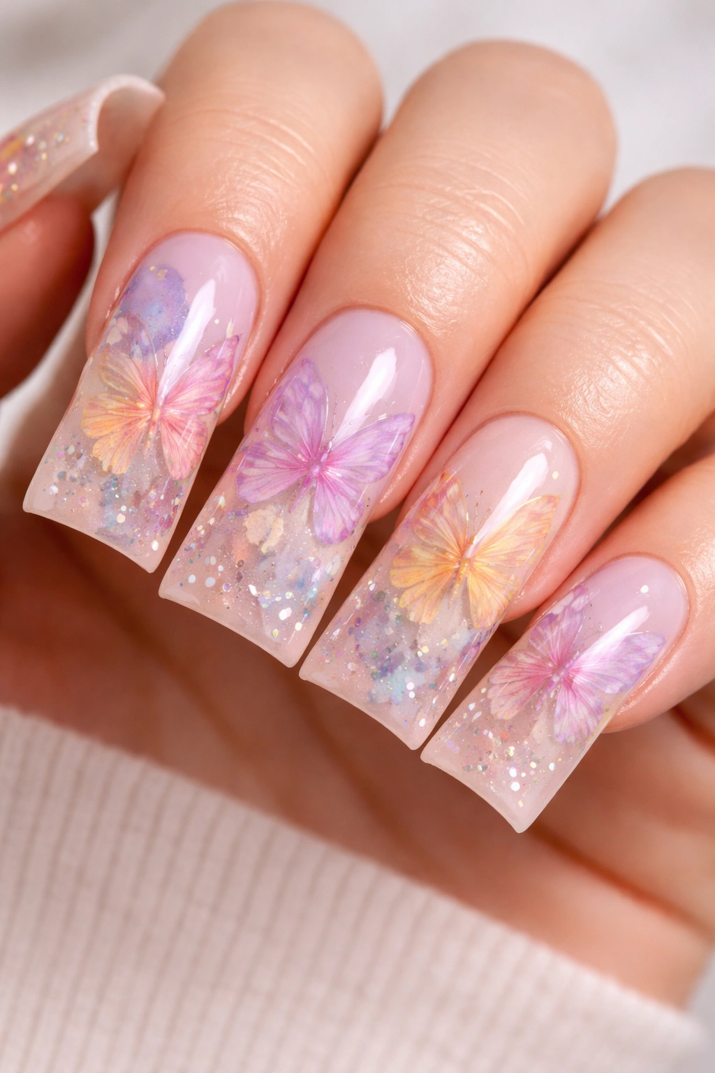 Duck nails with translucent butterfly overlays hovering above the base