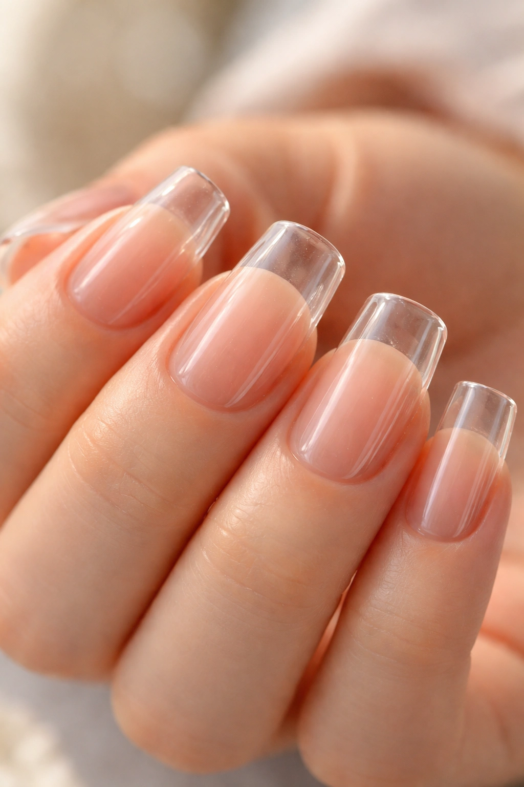 Close-up of short duck nails with translucent jelly polish