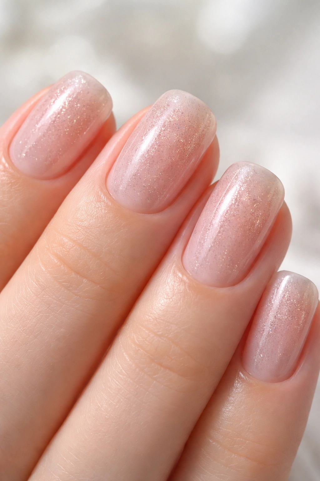 Close-up of translucent pink nails with delicate rose-gold shimmer