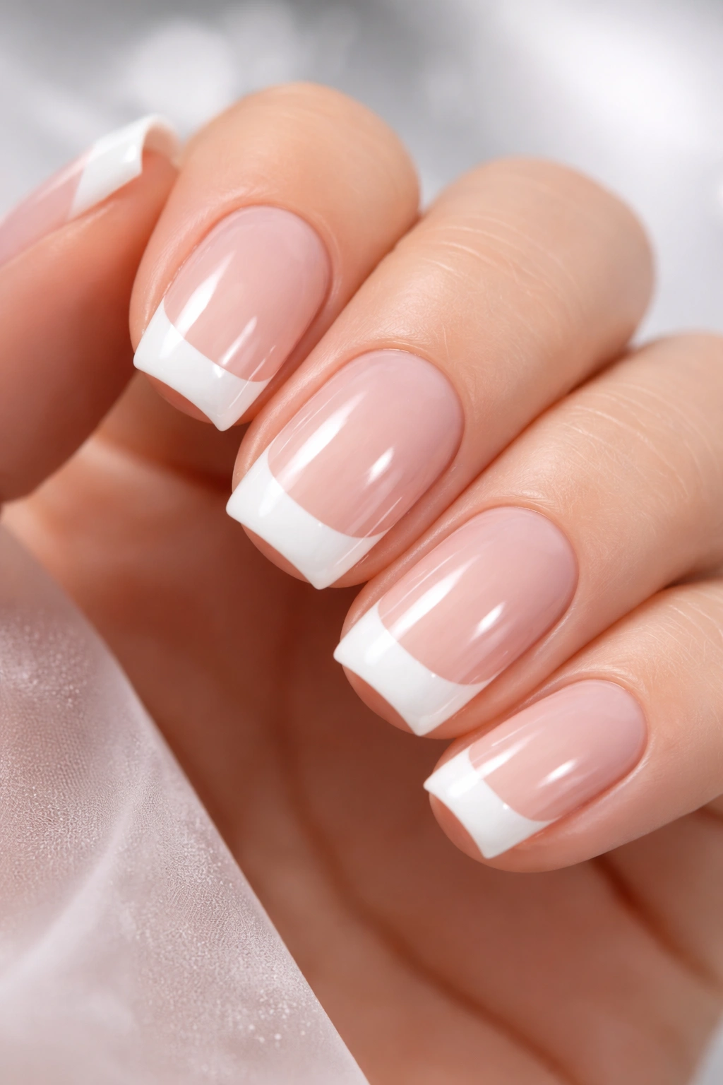 Close-up of translucent nails with opaque white tip