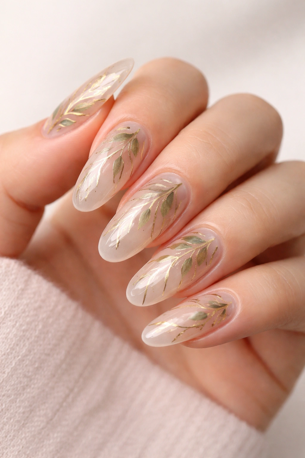 Close-up of translucent nude nails with embedded leaf accents