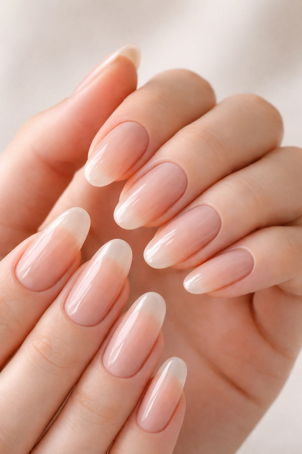 Close-up of translucent nude nails with visible nail beds on well-groomed hands