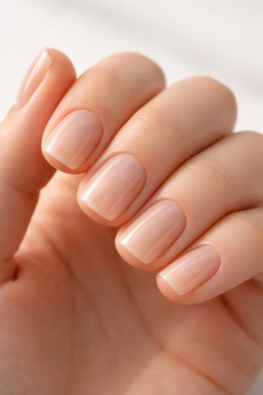 Close-up of short squoval nails with translucent nude polish