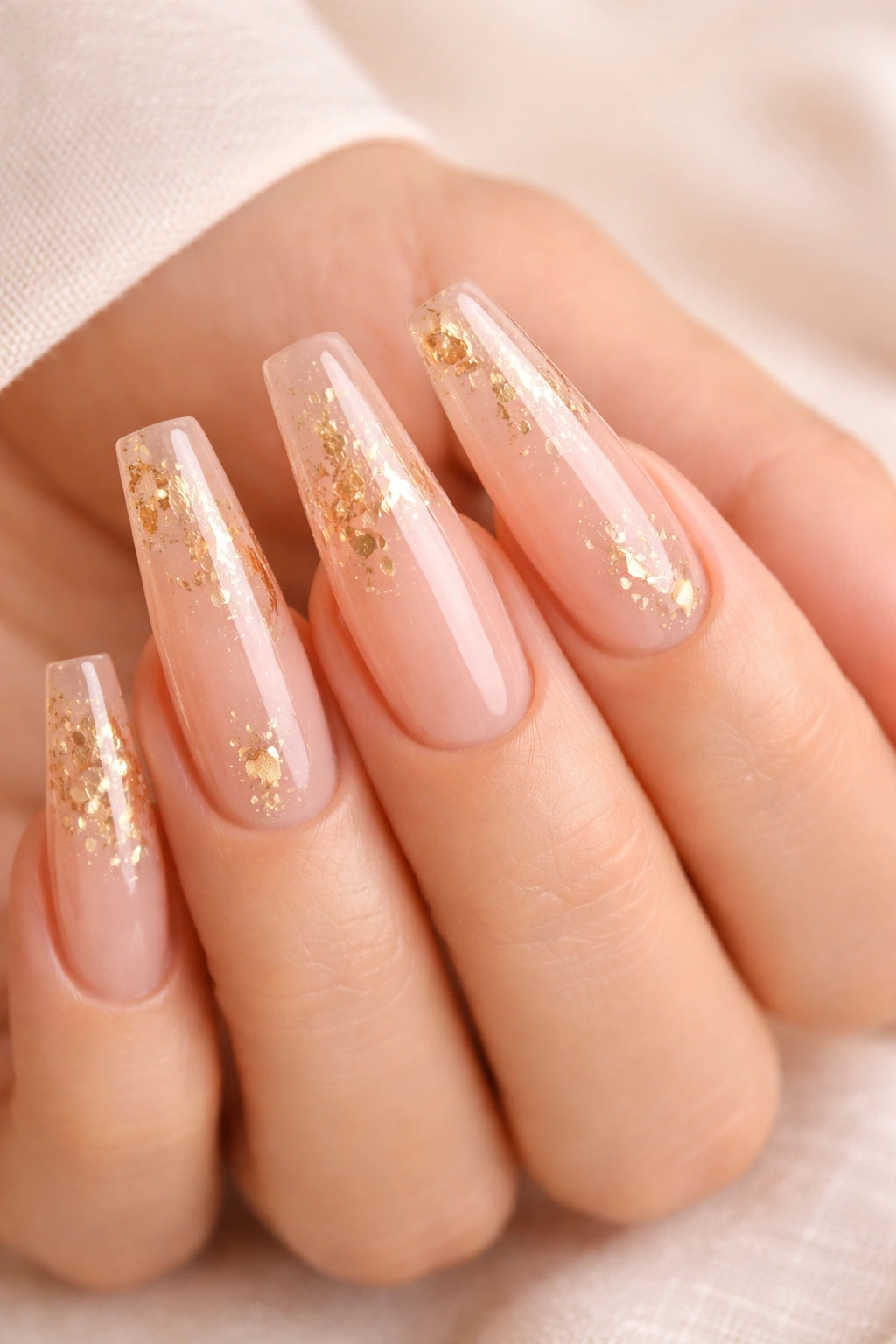Close-up of translucent nude coffin nails with embedded gold leaf