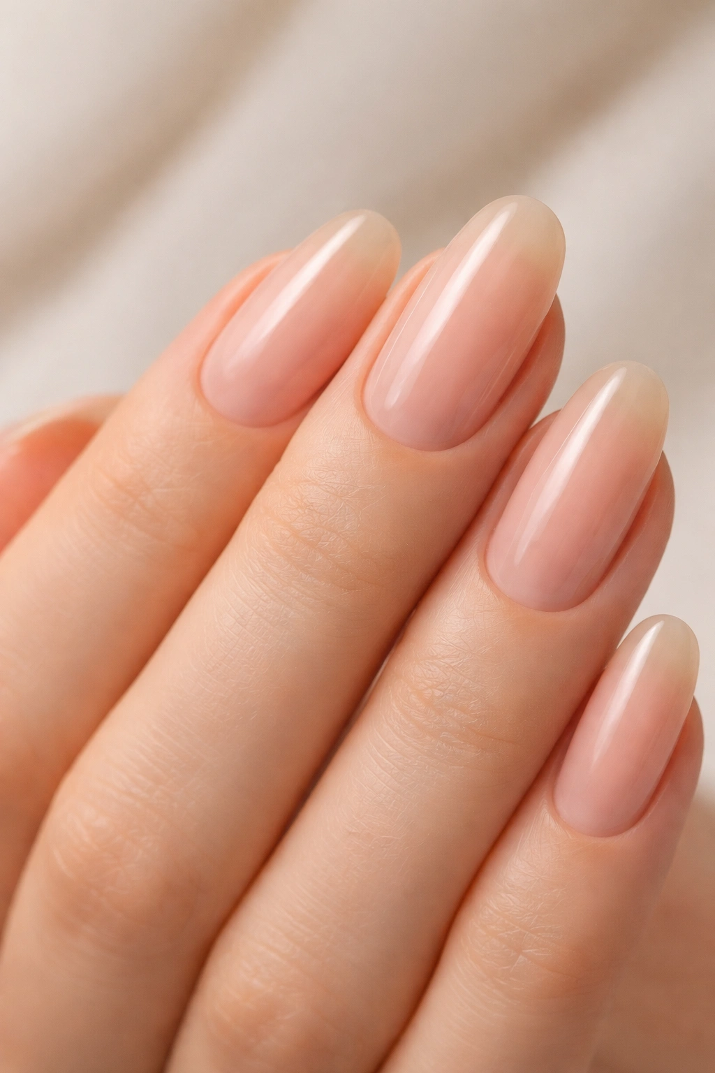 Close-up of translucent nude nails showing the nail bed through sheer polish