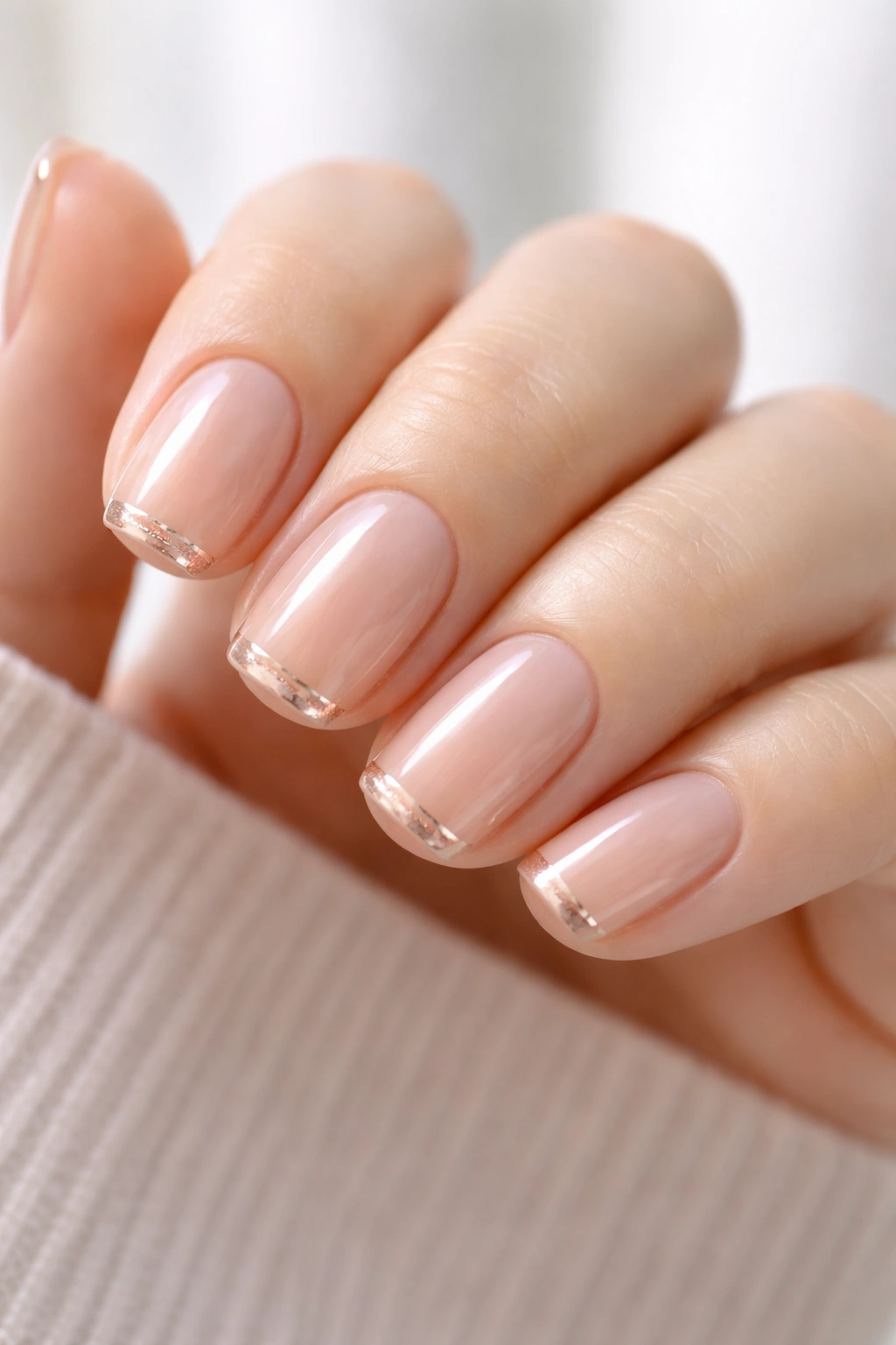 Close-up of translucent nude nails with a rose gold tip