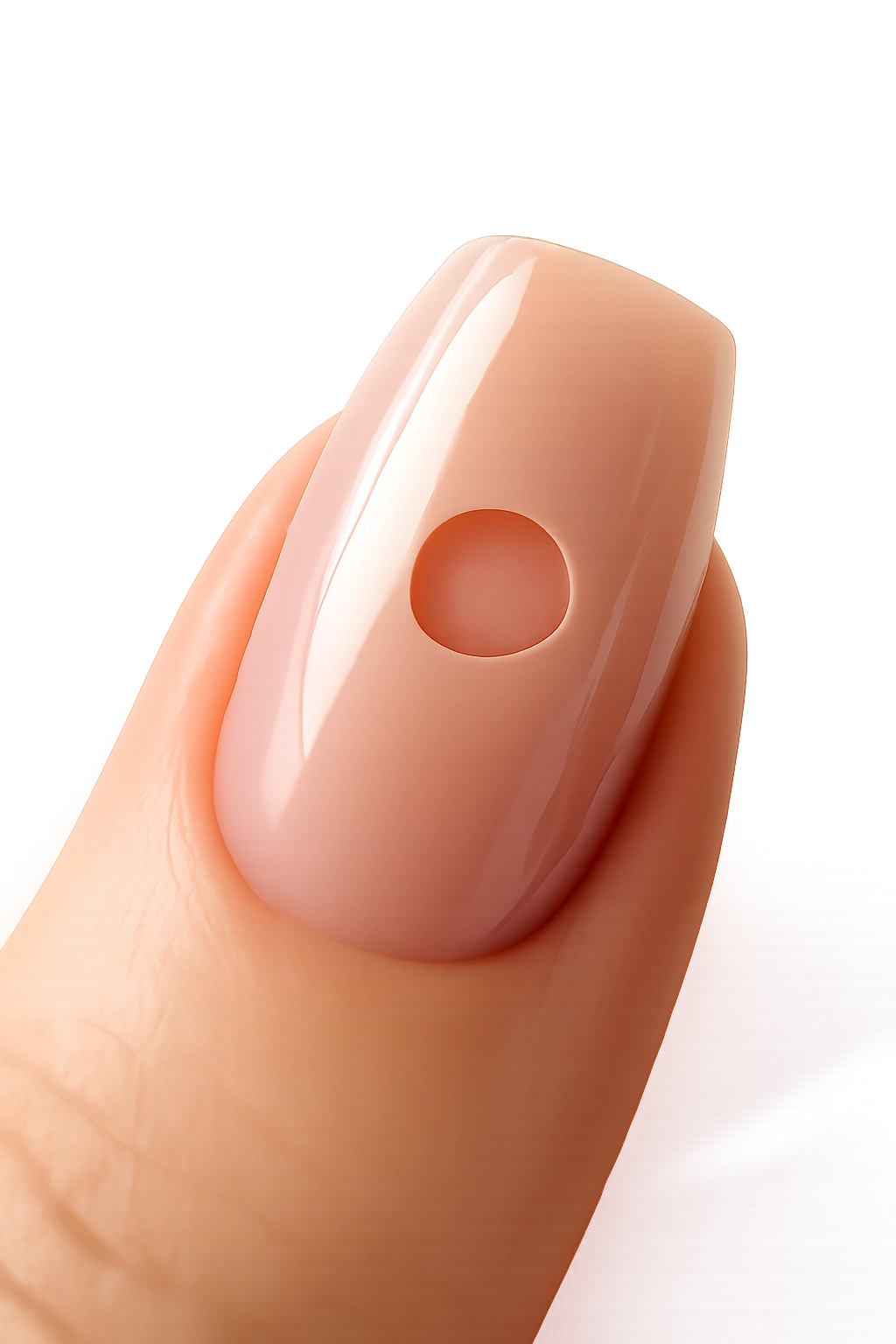 Close-up of a duck nail with translucent nude polish and circular negative-space design