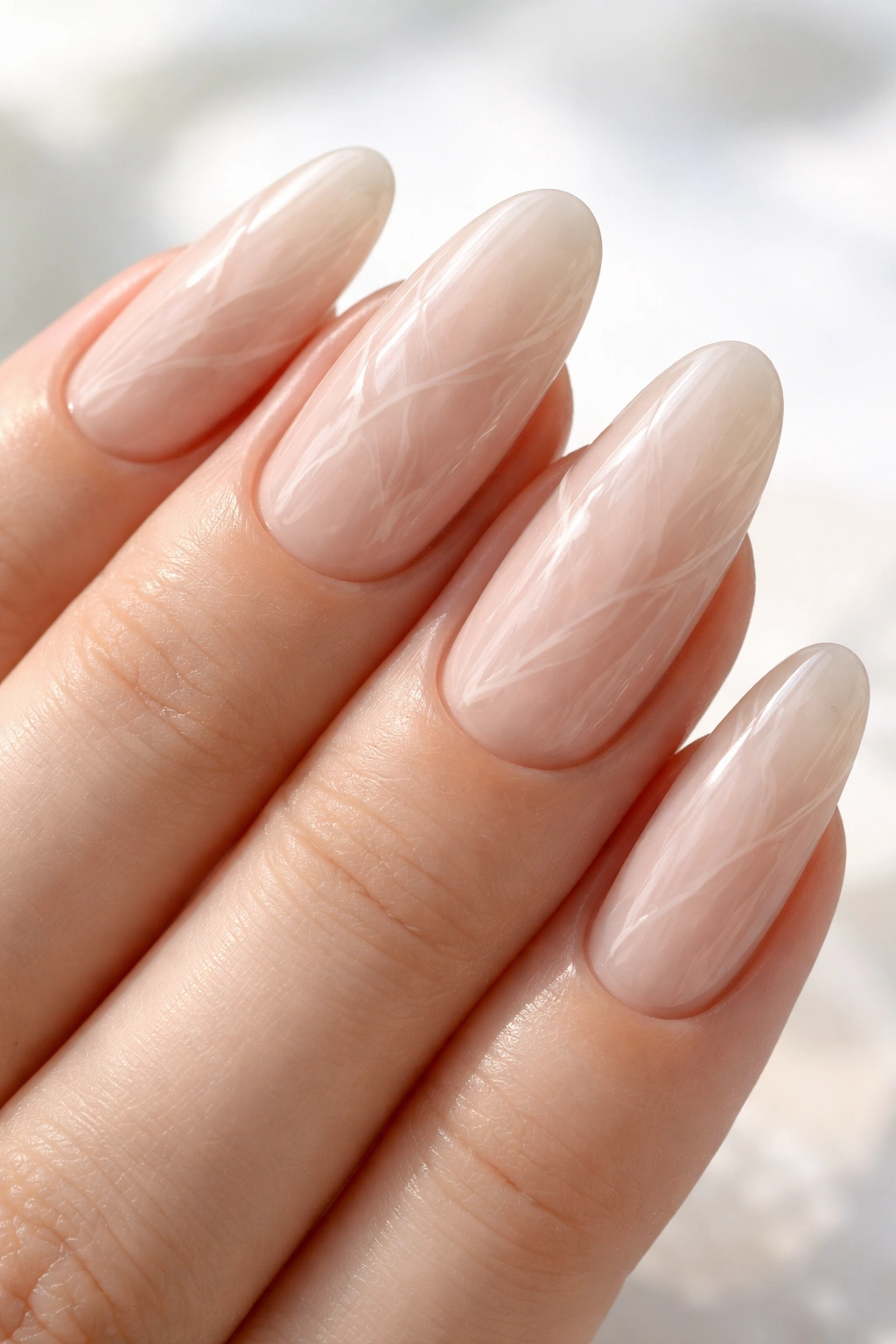 Close-up of oval nails with translucent nude base and delicate streaks