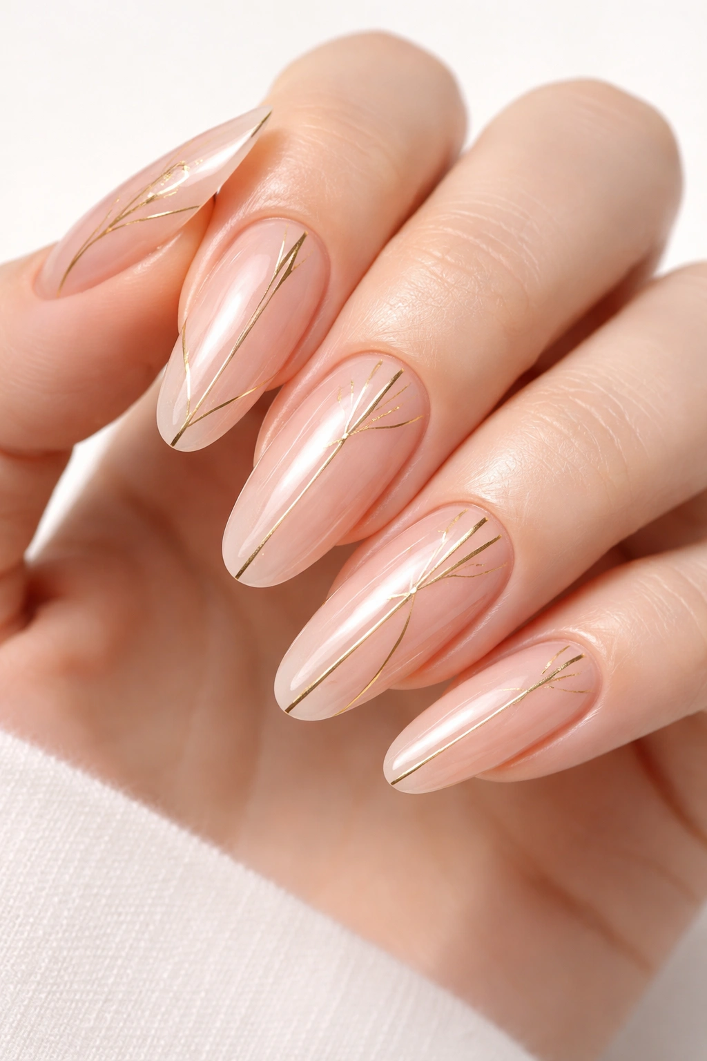 Close-up of long oval nails in translucent pink with gold Art Deco lines