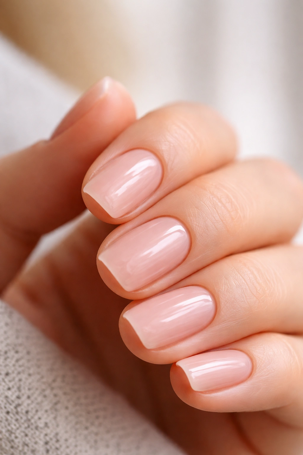 Close-up of translucent pink nails on short squoval nails with barely-there color