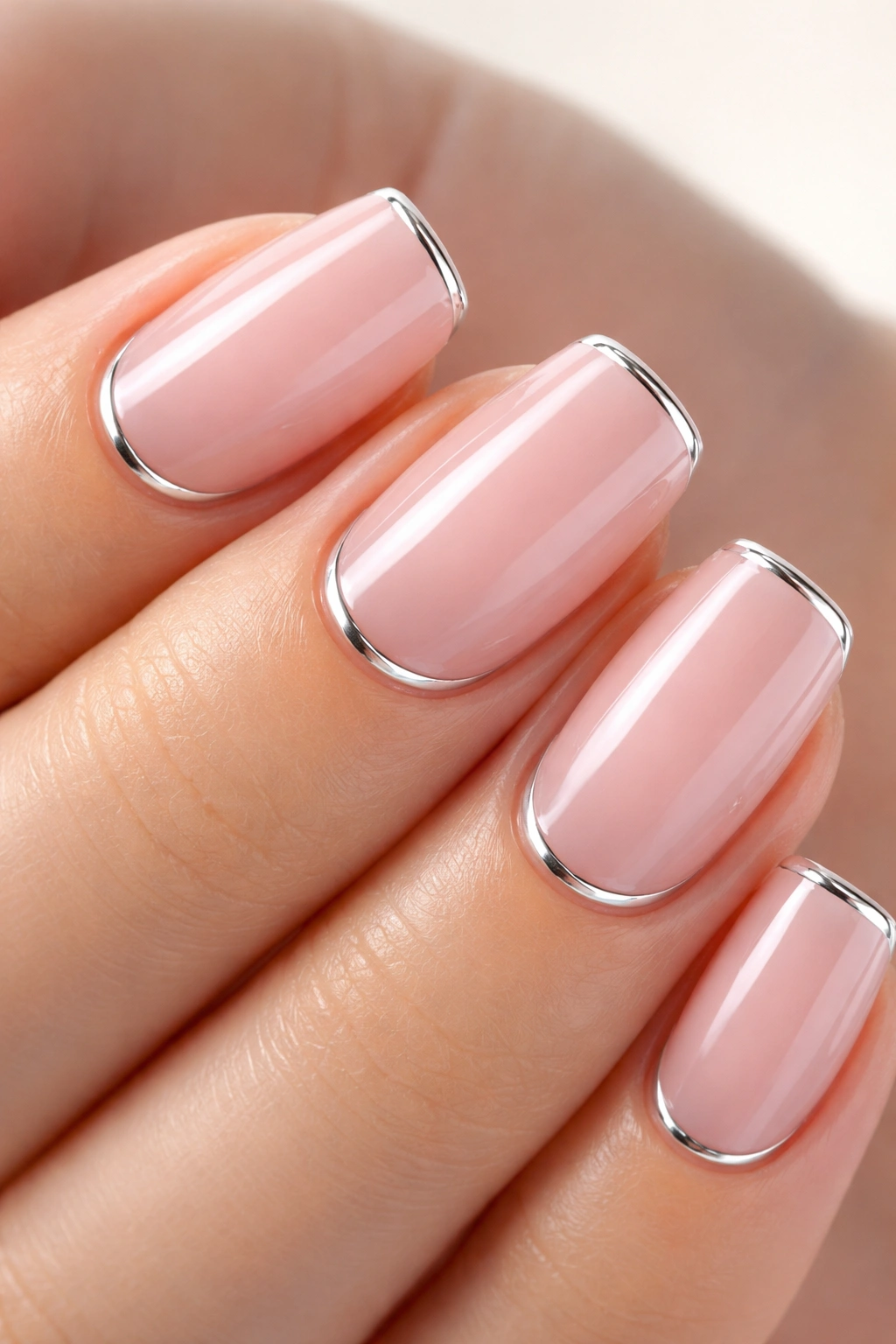 Translucent pink nails with chrome accent line on short squoval shape.