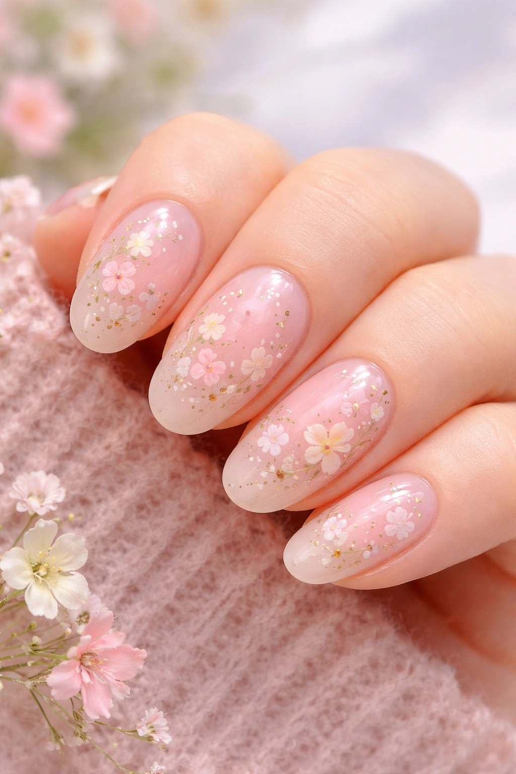 Close-up of translucent pink oval nails with fine floral details