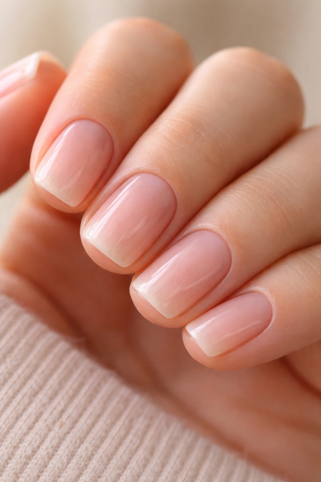 Short squoval nails with translucent blush pink base and subtle French tips